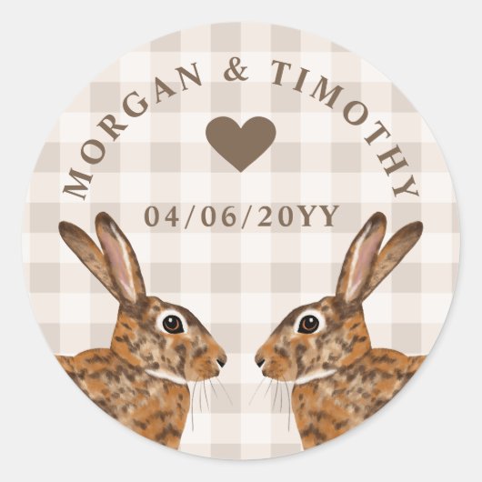 Sticker Rond Rustic Hare Bunnies With Names And Date Wedding (Devant)