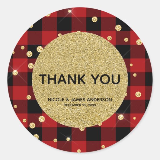 Sticker Rond Rustic Holiday Red Buffalo Plaid Gold Parties scin (Devant)
