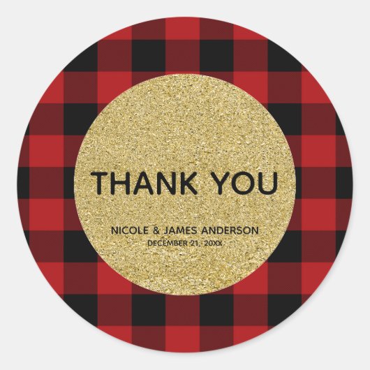 Sticker Rond Rustic Holiday Red Buffalo Plaid Gold Parties scin (Devant)