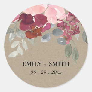 STICKER ROND RUSTIC KRAFT BLUSH BURGUNDY ROSE FLORAL MARIAGE