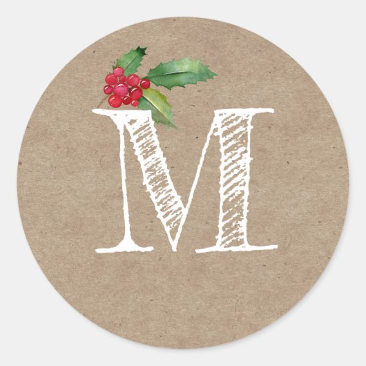 Sticker Rond Rustic Kraft Christmas Holly Monogram Initial (Devant)