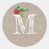 Sticker Rond Rustic Kraft Christmas Holly Monogram Initial (Devant)