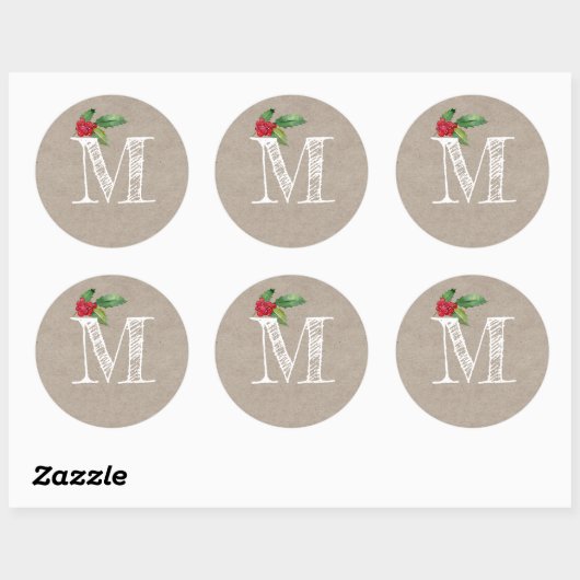 Sticker Rond Rustic Kraft Christmas Holly Monogram Initial (Feuille)