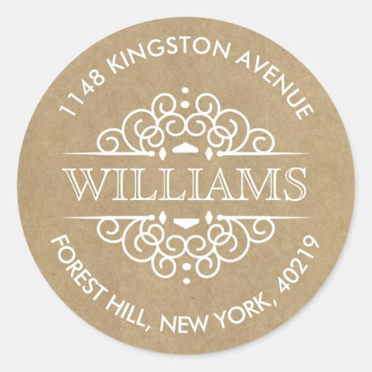 Sticker Rond Rustic Kraft Ornate Swirls Adresse de retour perso (Devant)