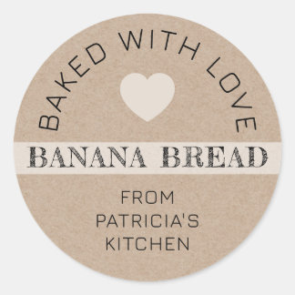 Sticker Rond Rustic Kraft Paper Baked With Love Banana Bread