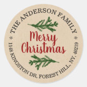Sticker Rond Rustic Kraft Pine Branches Holiday Return Address (Devant)