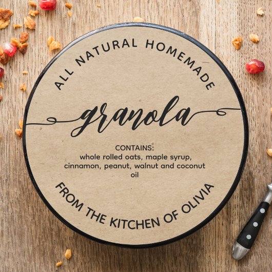 Sticker Rond Rustic kraft Script Homemade Granola Label