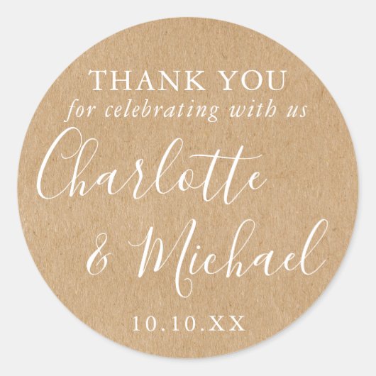 Sticker Rond Rustic Kraft Signature Mariage Favoriser Merci (Devant)