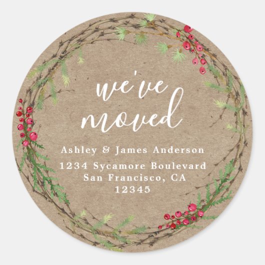 Sticker Rond Rustic Kraft Wreath We’ve Moved Address (Devant)