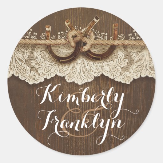 Sticker Rond Rustic Lace Horseshoe Pays Mariage Brown (Devant)
