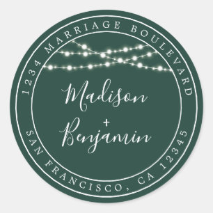 Sticker Rond Rustic Lights Dark Green Mariage Adresse de retour