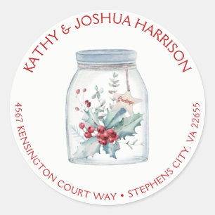 Sticker Rond Rustic Mason Jar Holly Feuilles Berries Adresse