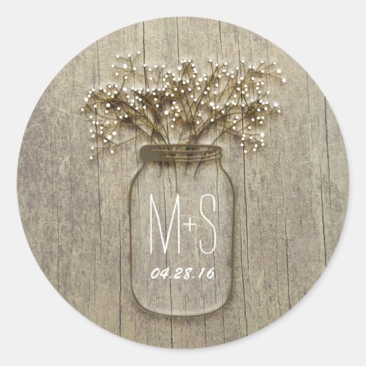Sticker Rond Rustic Mason Jar Mariage du souffle du bébé (Devant)