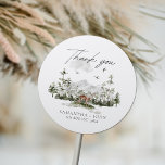 Sticker Rond Rustic Mountain Forest Boho Mariage À feuillage pe<br><div class="desc">Autocollant À feuillage persistant Boho de la Forêt de Montagne Rustique Mariage classique rond</div>