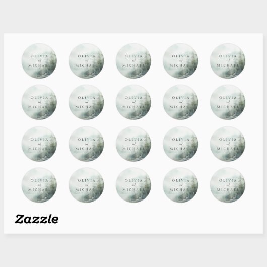 Sticker Rond Rustic Mountain Lake Misty Pines Wedding (Feuille)