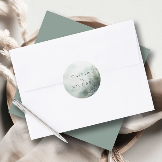 Sticker Rond Rustic Mountain Lake Misty Pines Wedding