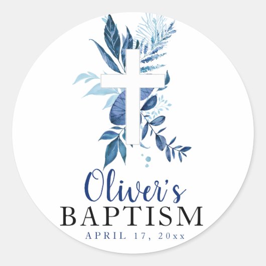 Sticker Rond Rustic Navy Blue Green Cross Boy Baptism (Devant)