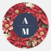 Sticker Rond Rustic Navy Poinsettia Floral Mariage de Noël (Devant)