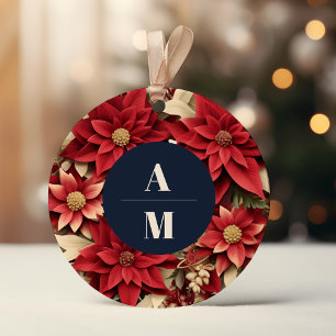 Sticker Rond Rustic Navy Poinsettia Floral Mariage de Noël