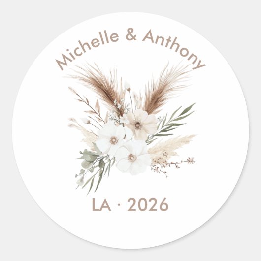 Sticker Rond Rustic Pampas Grass Boho Bohemian Wedding (Devant)