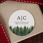 Sticker Rond Rustic Pine Trees Adresse de retour personnalisée<br><div class="desc">Aquarelle pins rustiques autocollants d'adresse de retour personnalisés. Personnalisable </div>