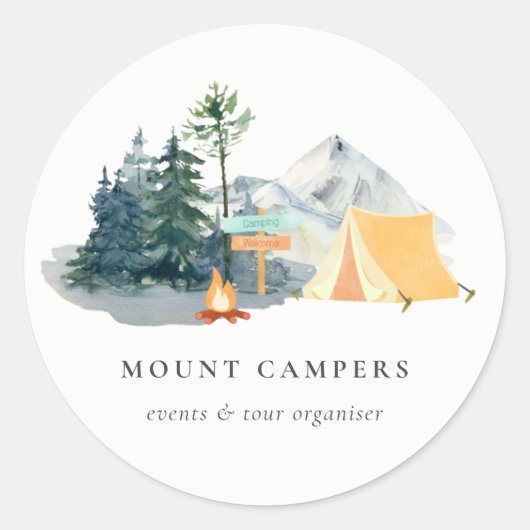 Sticker Rond Rustic Pine Woods Watercolor Camping Mountain Camp (Devant)