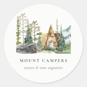 Sticker Rond Rustic Pine Woods Watercolor Camping Mountain Camp