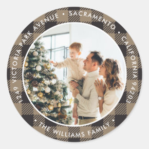 Sticker Rond Rustic Plaid Photo Noël Retourner l'adresse Étique