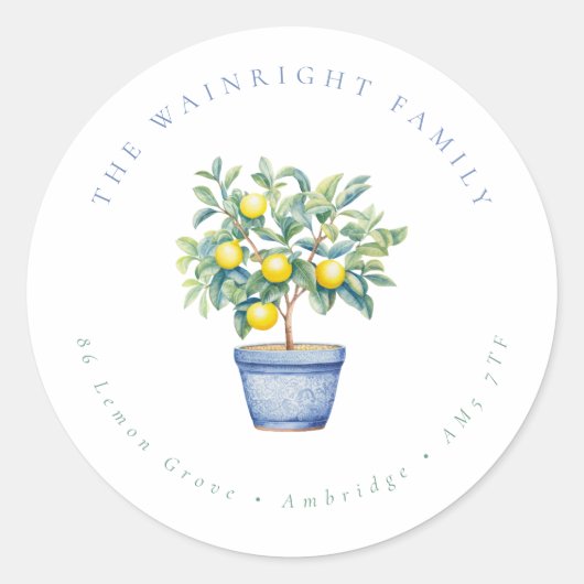 Sticker Rond Rustic Poted Lemon Tree Family Adresse de retour (Devant)
