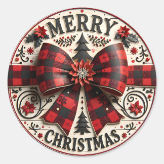 Sticker Rond Rustic Red and Black Plaid Bow Christmas Holiday