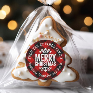 Sticker Rond Rustic Red Buffalo Vérifier Noël Tags cadeaux