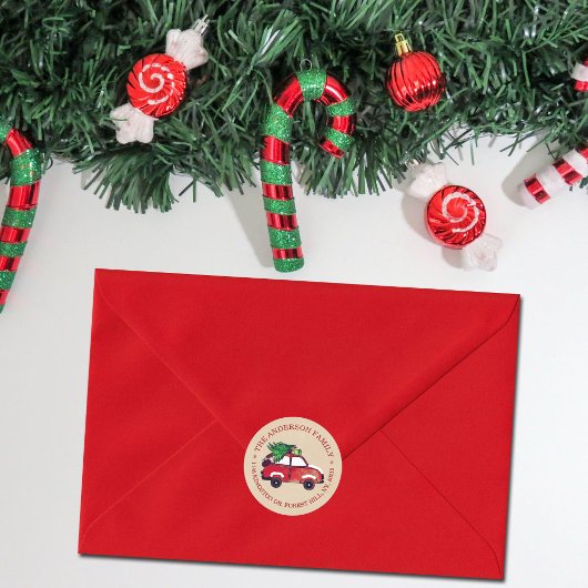 Sticker Rond Rustic Red Car Festive Noël Adresse de retour