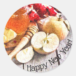Sticker Rond Rustic Rosh Hashanah Joyeux Nouvel An Pommes Miel