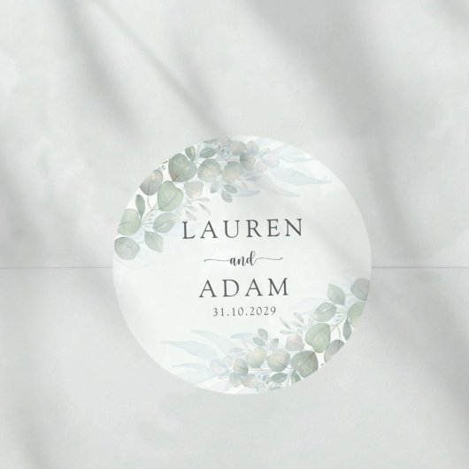 Sticker Rond Rustic Sage Green Eucalyptus Watercolor Wedding