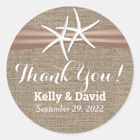 Sticker Rond Rustic Starfish & Burlap Wedding Favor (Devant)