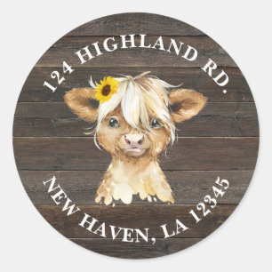 Sticker Rond Rustic Sunflower Highland Cow Baby shower Adresse
