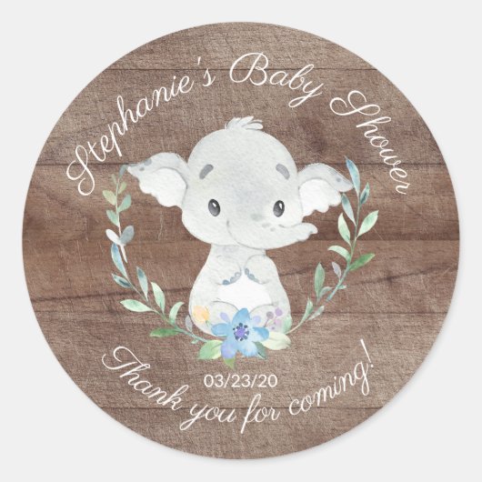 Sticker Rond Rustic Sweet Elephant Boys Baby shower Favoriser (Devant)