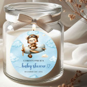 Sticker Rond Rustic Teddy Bear Aviator Blue Brown Boy Baby Show