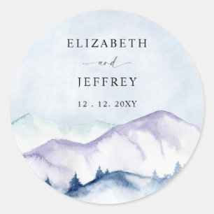 Sticker Rond Rustic Watercolor Mountains Outdoor Pine Mariage