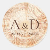 Sticker Rond Rustic Wedding Monogram Wood Slice Custom (Devant)