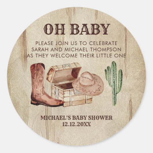 Sticker Rond Rustic Western Baby Shower Cowboy Theme (Devant)
