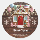 Sticker Rond Rustic Winter Gingerbread House Baby Shower (Devant)