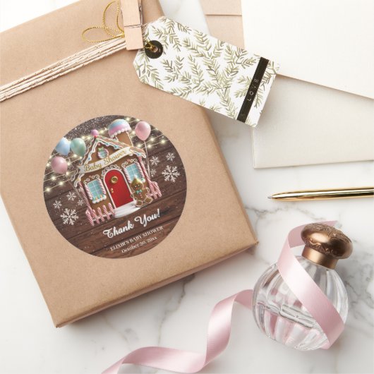 Sticker Rond Rustic Winter Gingerbread House Baby Shower (Cadeaux)