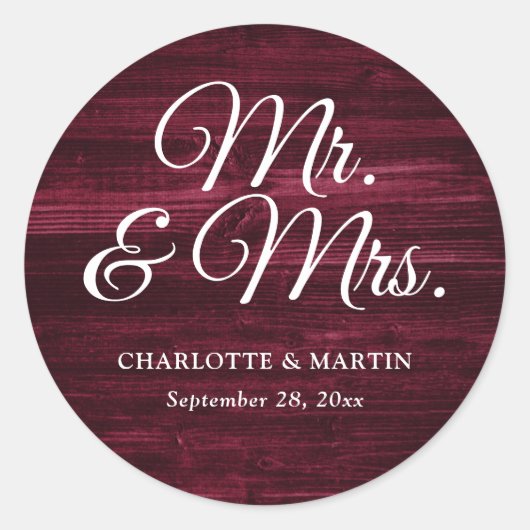 Sticker Rond Rustic Wood Burgundy Red M. et Mme Mariage (Devant)