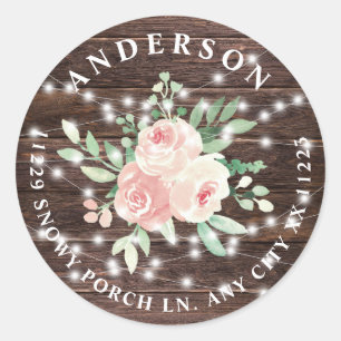 Sticker Rond Rustic Wood Floral String Lights adresse de retour