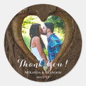 Sticker Rond Rustic Wood Heart Photo Mariage Merci (Devant)