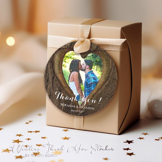 Sticker Rond Rustic Wood Heart Photo Mariage Merci