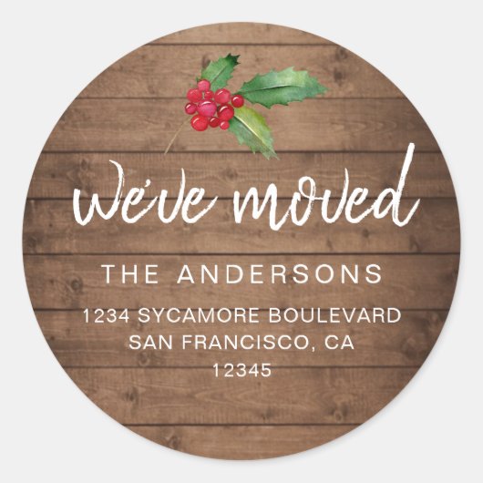 Sticker Rond Rustic Wood Holly We’ve Moved Holiday (Devant)