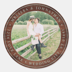 Sticker Rond Rustic Wood Mariage Photo Return Adresse