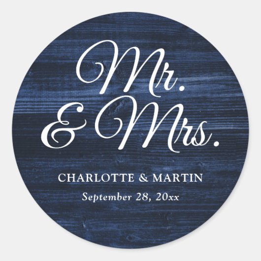 Sticker Rond Rustic Wood Navy Blue M. et Mme Mariage (Devant)